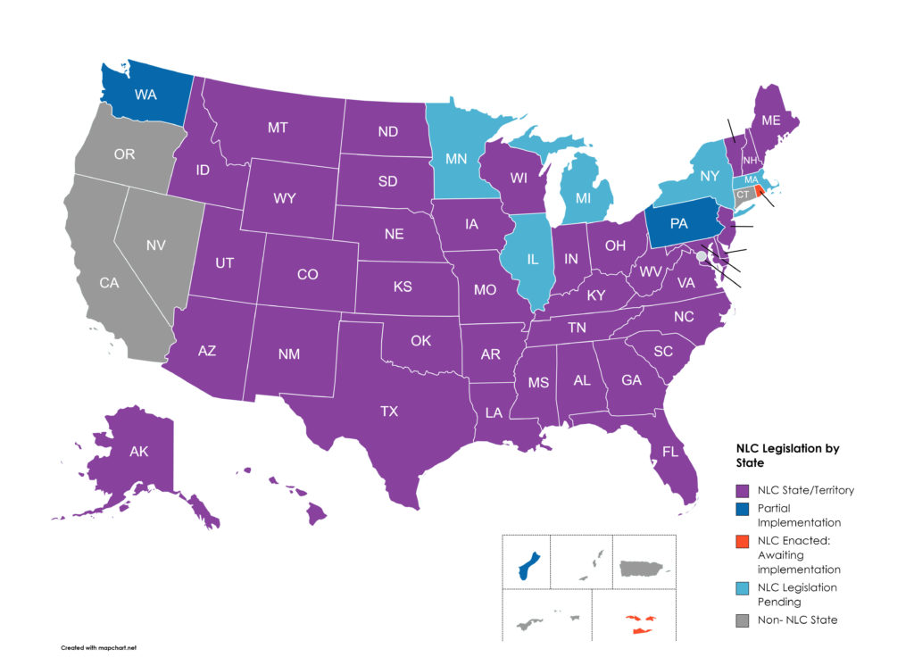 State map of places where you can transfer your nursing license