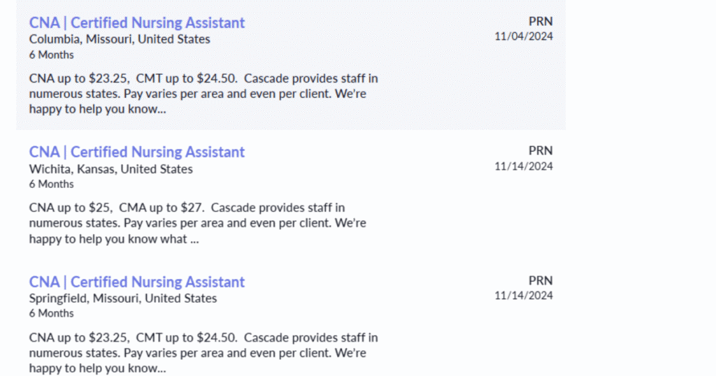 List of CNA jobs offered by Cascade Health Services