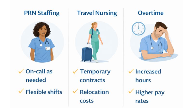 PRN staffing compared to travel nursing and overtime for healthcare facilities
