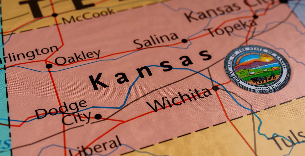 Map of Kansas highlighting Salina, Wichita, Kansas City, and Dodge City
