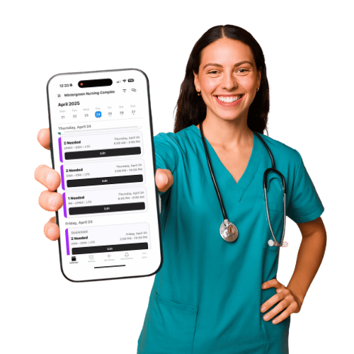 A director of nursing showing off a healthcare staffing app