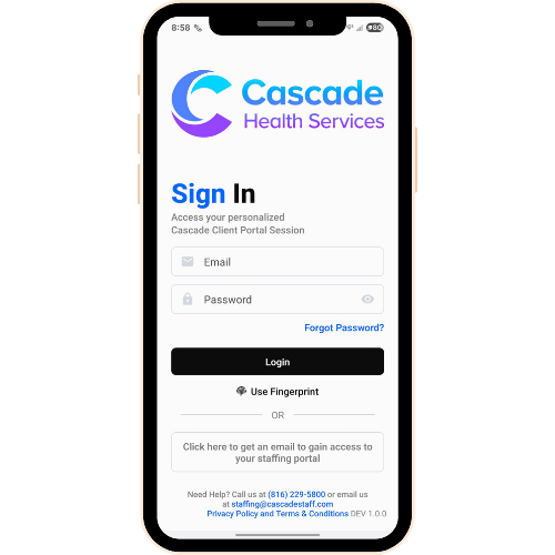 Cascade PRN staffing app – sign in screen