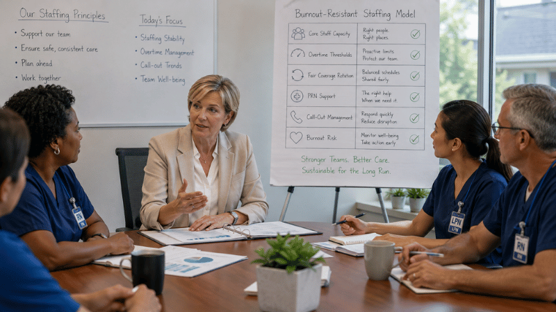 Healthcare staffing team developing a model showing core staff protection overtime rules PRN support and burnout risk prevention