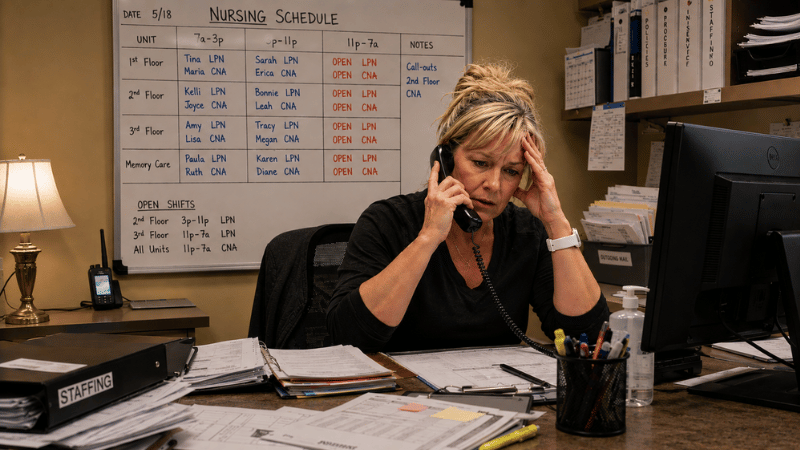 cost-of-staffing-gaps-healthcare Small long-term care facility manager trying to cover open nursing shifts while staff schedules and overtime notes pile up