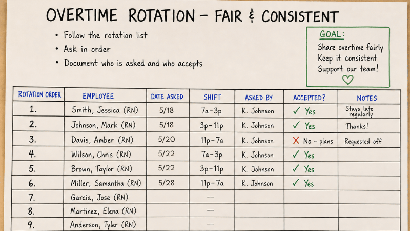 Small LTC staffing board showing fair nurse overtime rotation and PRN coverage for open shifts