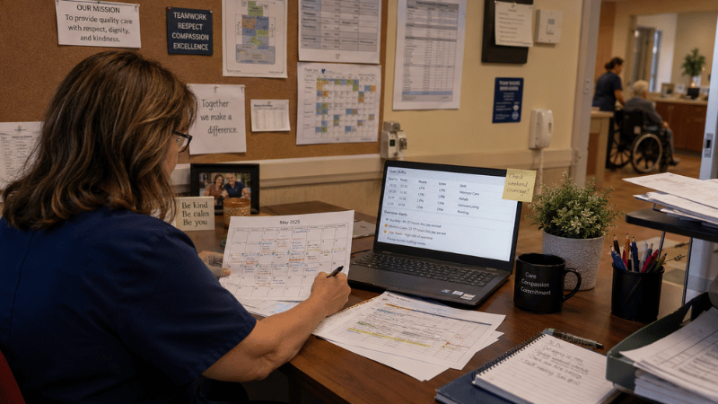Small long-term care facility scheduler reviewing nurse overtime and open shifts on a staffing calendar