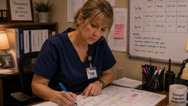 Small LTC facility scheduler reviewing overtime call-outs and staffing gaps before burnout leads to turnover