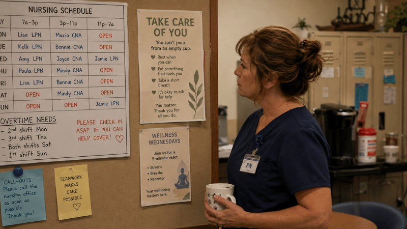 Small LTC nurse looking at a wellness flyer while an understaffed shift schedule shows overtime and